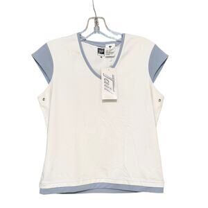 NWT Tail Activewear White Blue Trim V-Neck Short Sleeve Performance Top S